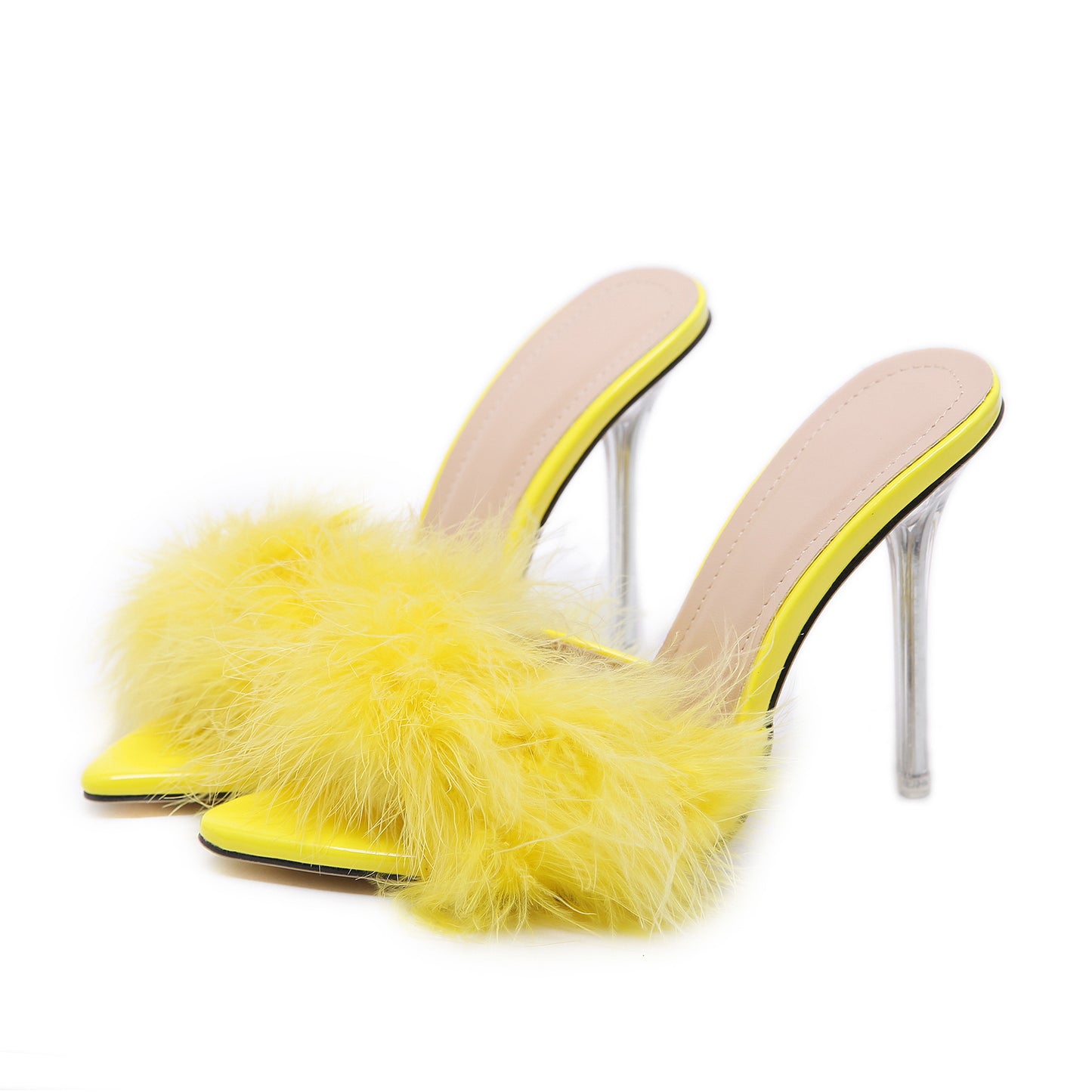 Popular Pointed Toe Stiletto Furry Heeled Slippers