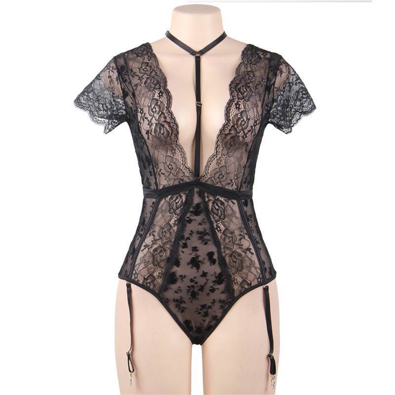 Find Me In Floral Plus Size Lace Garter Bodysuit