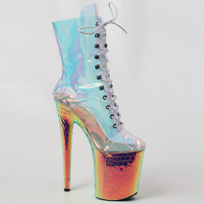Super High-heeled Shiny Iridescent Short Boots Pole Dance Shoes Nightclub Stage Model Catwalk Heels