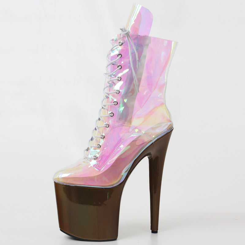 Super High-heeled Shiny Iridescent Short Boots Pole Dance Shoes Nightclub Stage Model Catwalk Heels