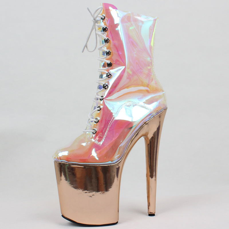 Super High-heeled Shiny Iridescent Short Boots Pole Dance Shoes Nightclub Stage Model Catwalk Heels