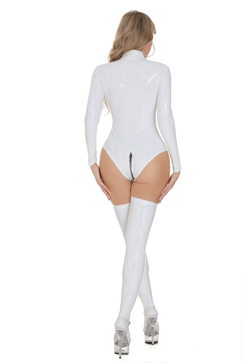 Bright Colored Open Zipper PU Leather Bodysuit Lingerie
