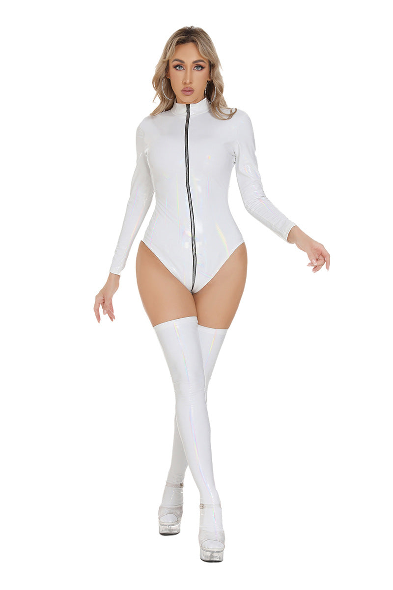 Bright Colored Open Zipper PU Leather Bodysuit Lingerie