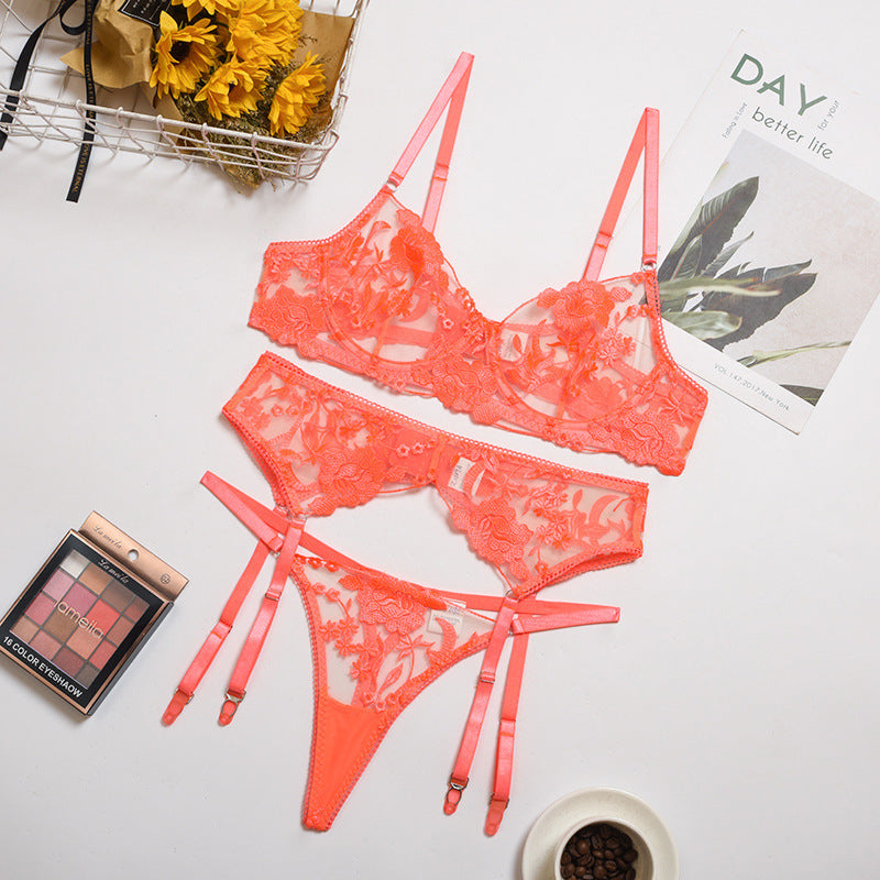 No Ordinary Orange See-through Lace Three-piece Lingerie Set