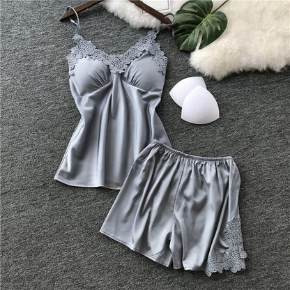 Sexy Underwear Imitation Silk Split Lace Pajama Set