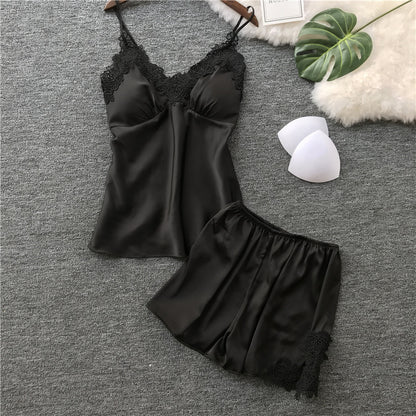 Sexy Underwear Imitation Silk Split Lace Pajama Set