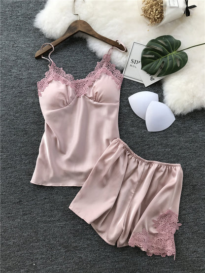 Sexy Underwear Imitation Silk Split Lace Pajama Set