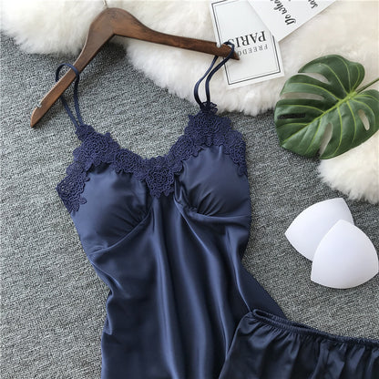 Sexy Underwear Imitation Silk Split Lace Pajama Set