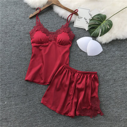 Sexy Underwear Imitation Silk Split Lace Pajama Set