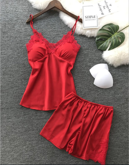 Sexy Underwear Imitation Silk Split Lace Pajama Set