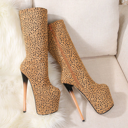 Leopard Print Zipper Stiletto High Heel Boots