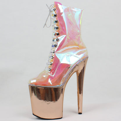 Super High-heeled Shiny Iridescent Short Boots Pole Dance Shoes Nightclub Stage Model Catwalk Heels
