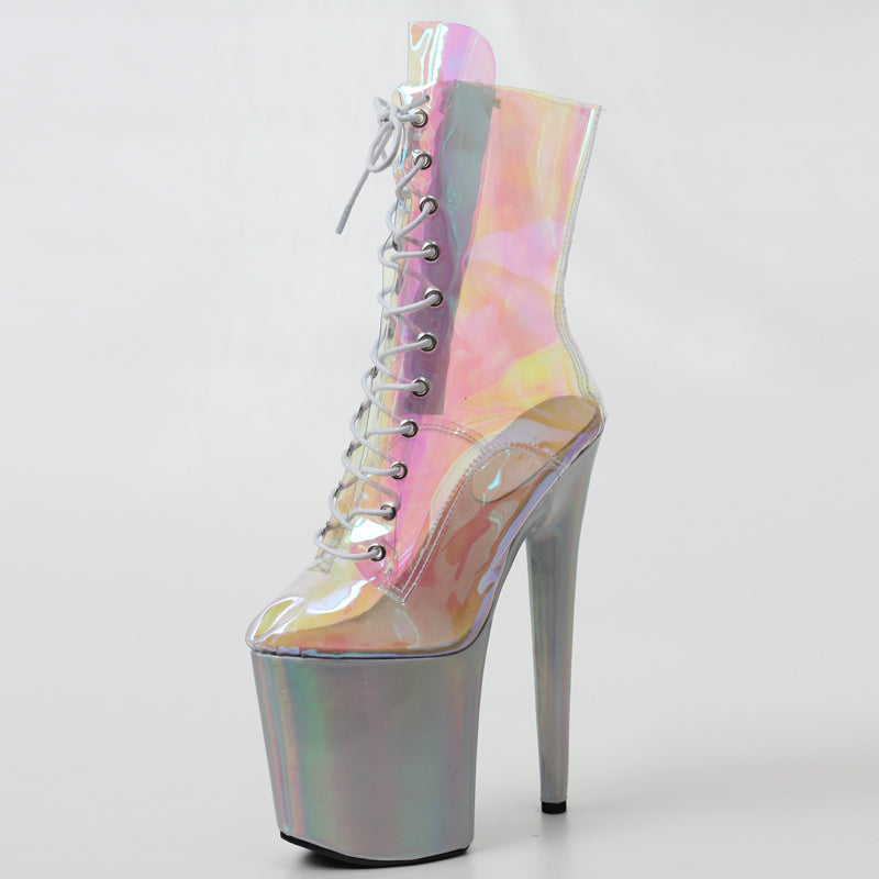 Super High-heeled Shiny Iridescent Short Boots Pole Dance Shoes Nightclub Stage Model Catwalk Heels