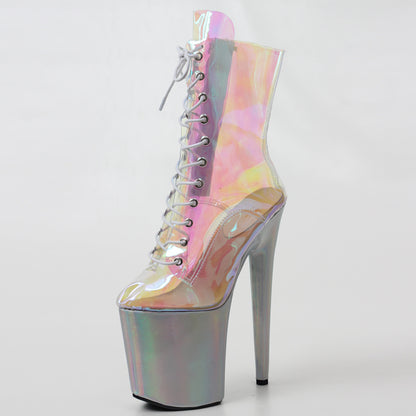 Super High-heeled Shiny Iridescent Short Boots Pole Dance Shoes Nightclub Stage Model Catwalk Heels