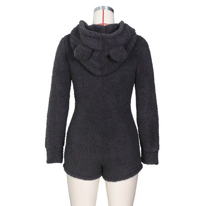 Thickened Fleece-Lined Hooded Romper Pajamas