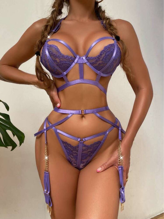 Thriving Three-piece Lace Embroidered Lingerie Garment Set