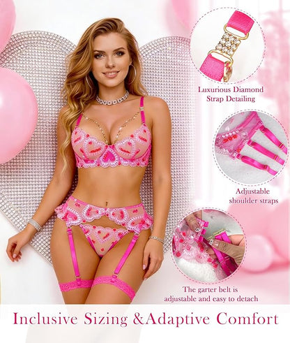 Blushing Hearts 3-Piece Lace Garter Set