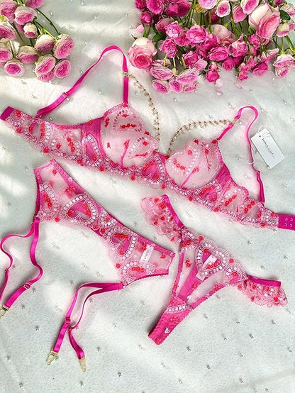 Blushing Hearts 3-Piece Lace Garter Set