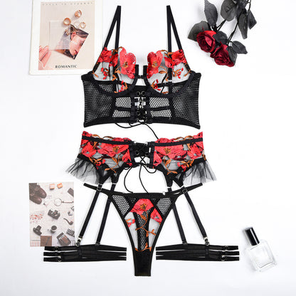 Flirtatious Floral Embroidered Four Piece Mesh Set