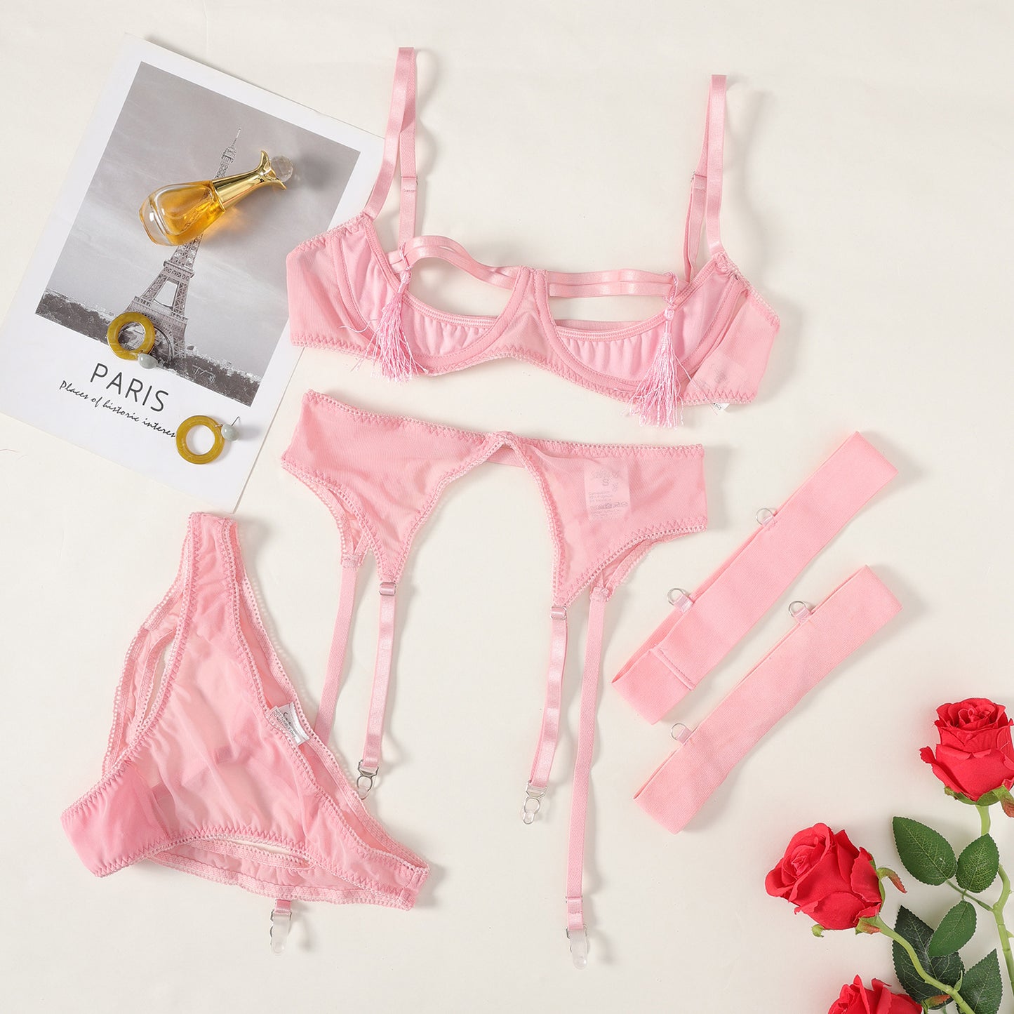 Pacified Pink Hollow Lace Cutout Breathable Lingerie Set