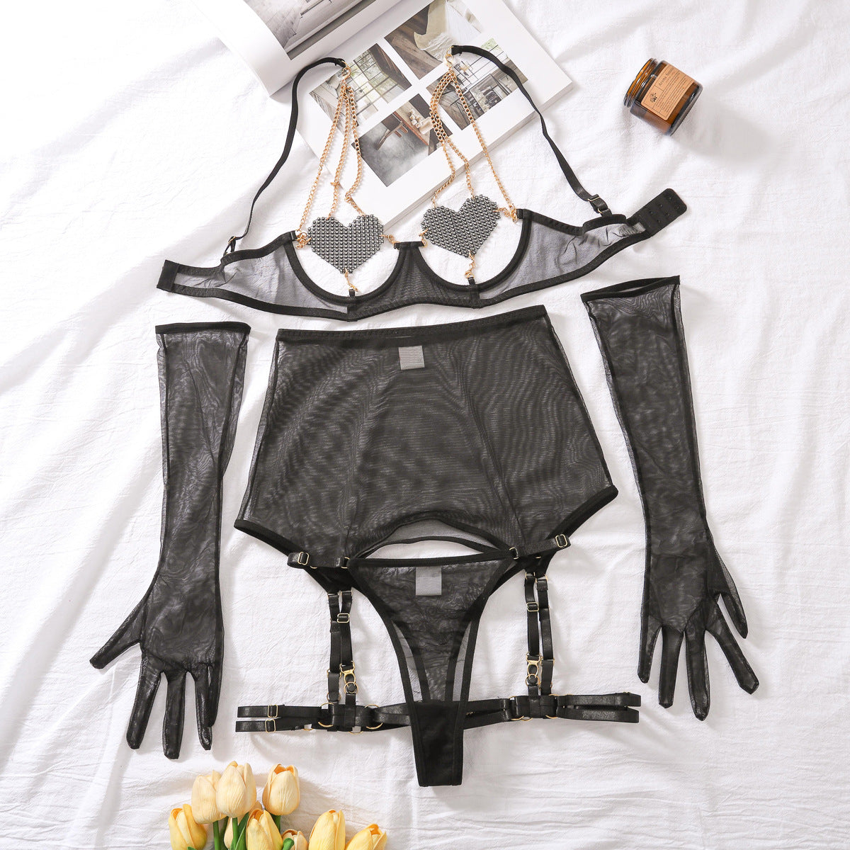 Find My Heart(s) On A Chain Lingerie Set w/ Gloves