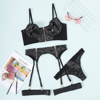 Wild-N-Sexy Faux Leather Mesh Stitching Lingerie Set