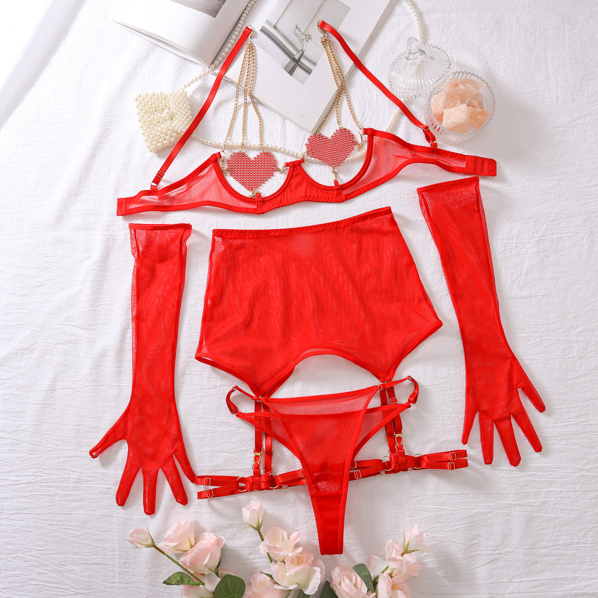 Find My Heart(s) On A Chain Lingerie Set w/ Gloves