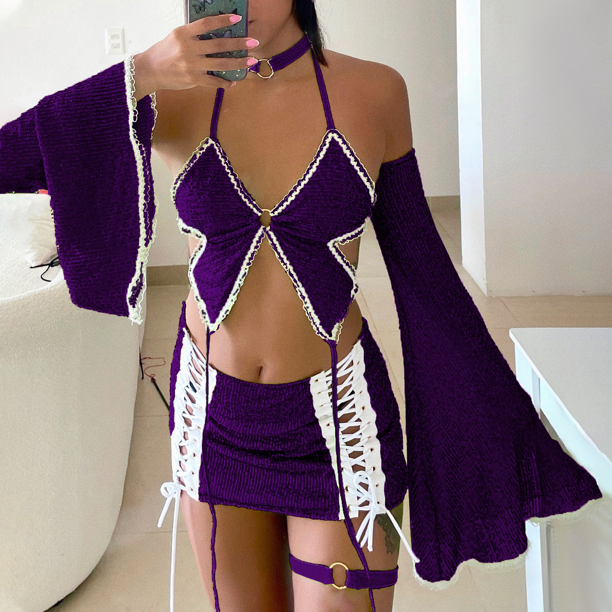 Purple Rainn Hollow Cutout out Halter Vest and Underwear Skirt Cosplay Set