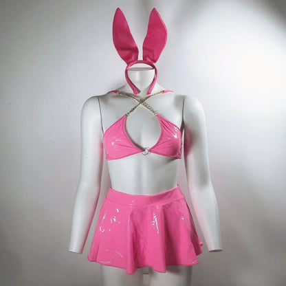 Patent Leather Lingerie with Rabbit Ear Headband-Roleplay-Uniform Set
