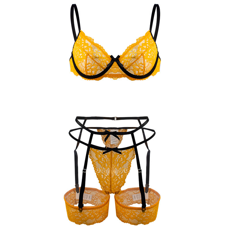 Yummy Yellow Thin Lace Four Piece Lingerie Set