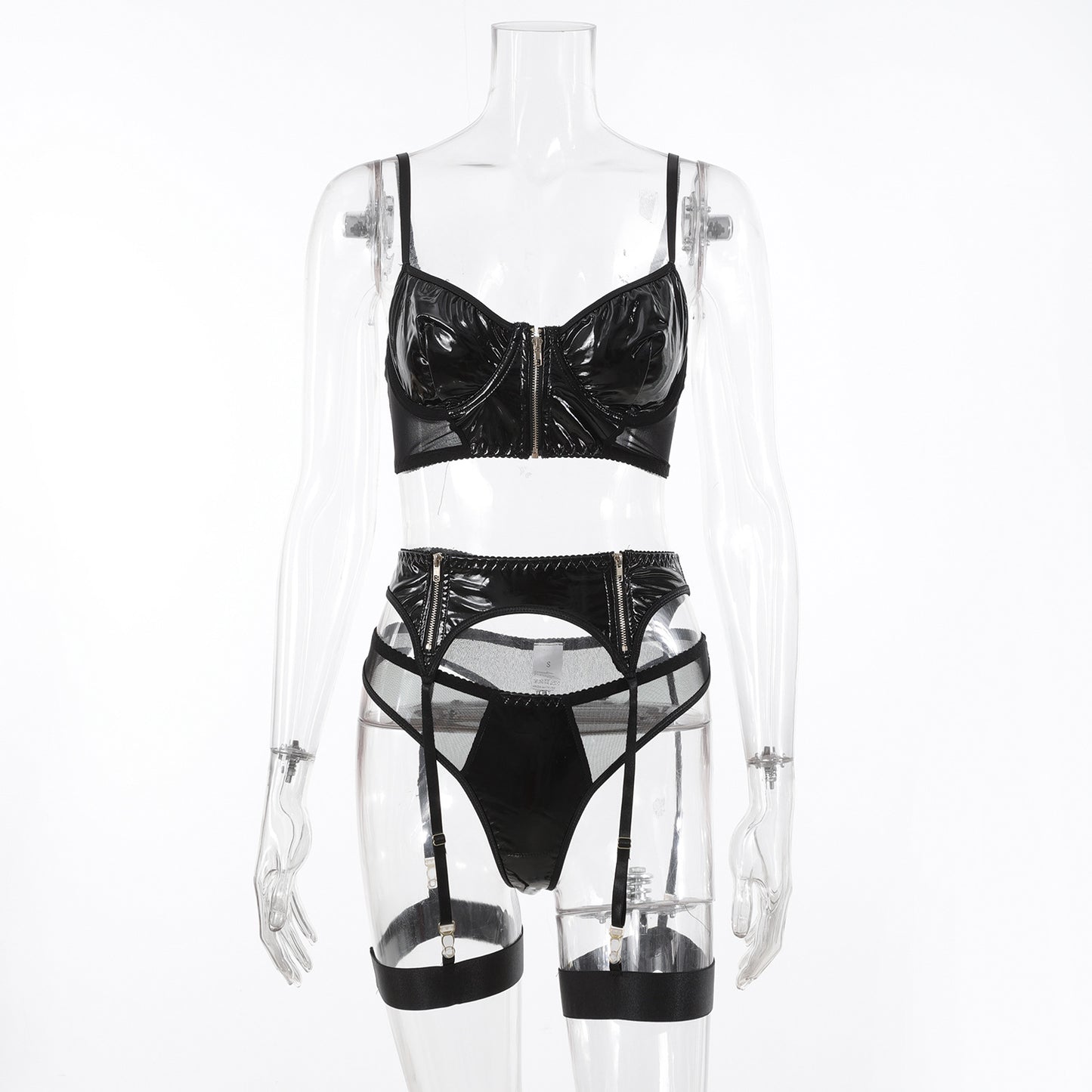 Wild-N-Sexy Faux Leather Mesh Stitching Lingerie Set