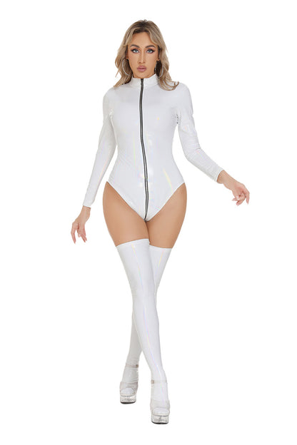 Bright Colored Open Zipper PU Leather Bodysuit Lingerie