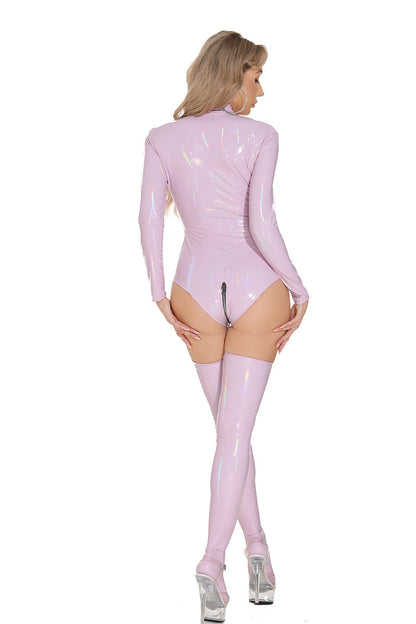 Bright Colored Open Zipper PU Leather Bodysuit Lingerie