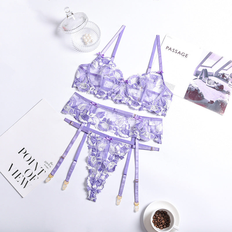 The Purpose of Purple Hollow Cutout Floral Embroidery Three-Point Lace Garter Set